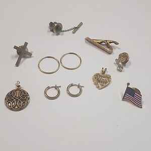 Gold Tone Jewelry Bundle Mens Womens Flag Mom Angel Rhinestine Cross Tie Lapel